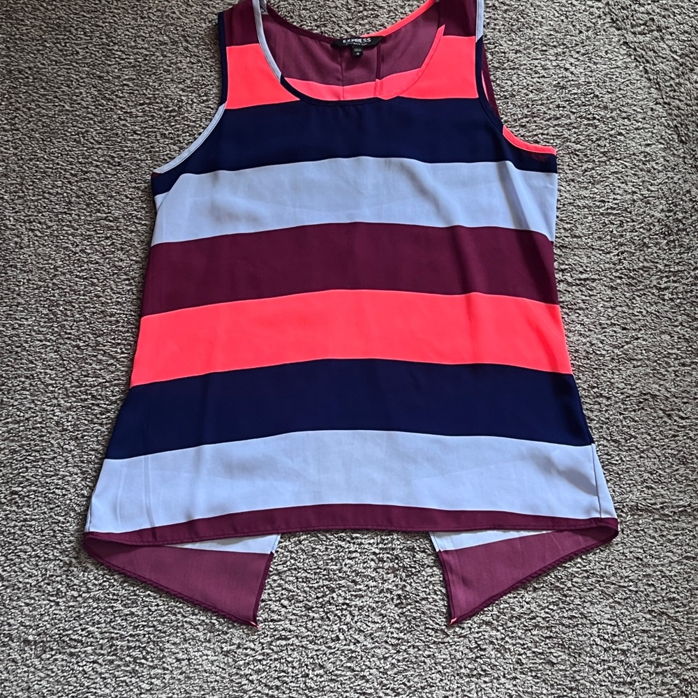 Express split back striped Sleeveless Tank Top in Navy, Coral & Light Blue
